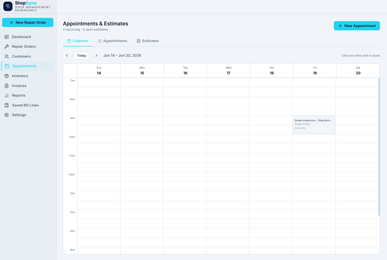 ShopSynq appointments and estimates calendar view showing a week at a glance with a scheduled brake inspection appointment