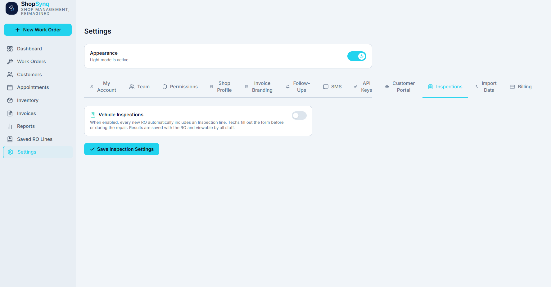 ShopSynq Settings page showing the Vehicle Inspections toggle: when enabled, every new repair order automatically includes an inspection line