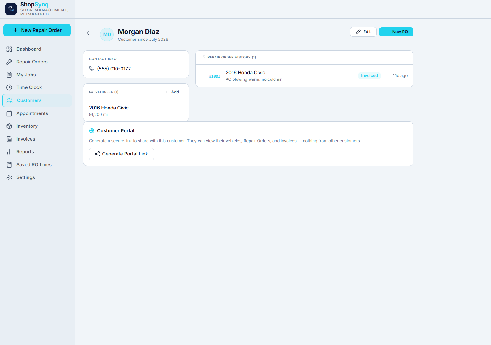 ShopSynq customer profile with vehicles and repair history