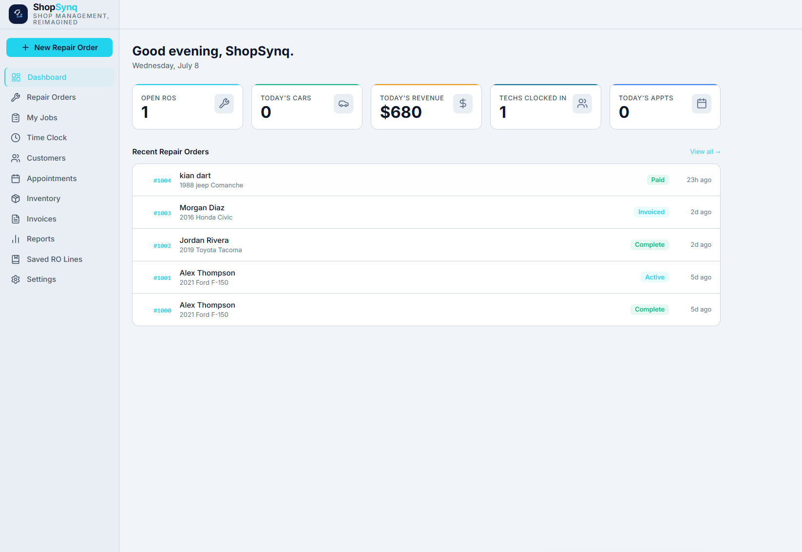 ShopSynq dashboard showing live shop KPIs and recent repair orders