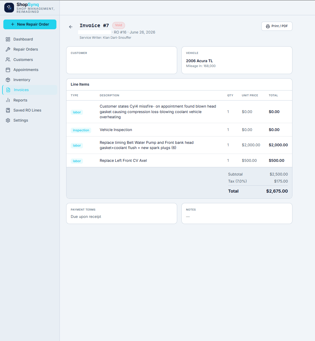 ShopSynq invoice detail with itemized labor and parts